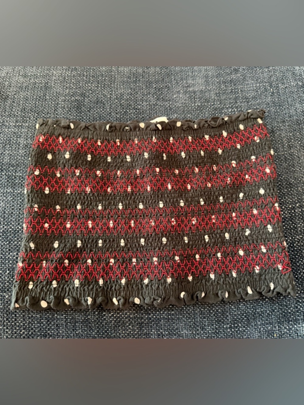 Hollister Black Smocked Crop Top with Red Stitching and White Dot Detail